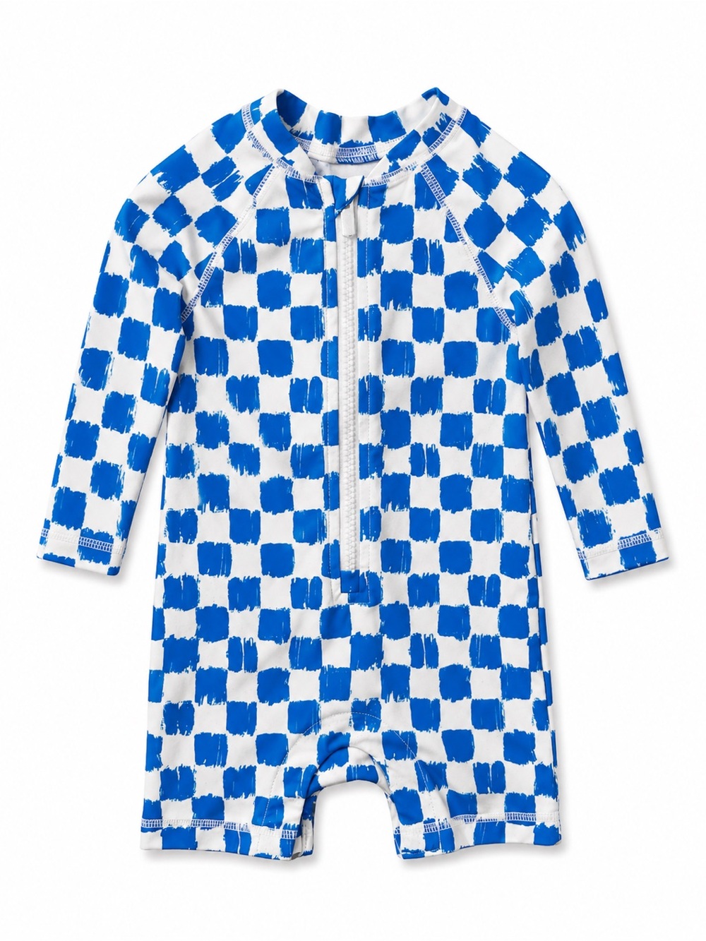Blue and White Check Kids Long-Sleeve Rashguard Zip Swimsuit